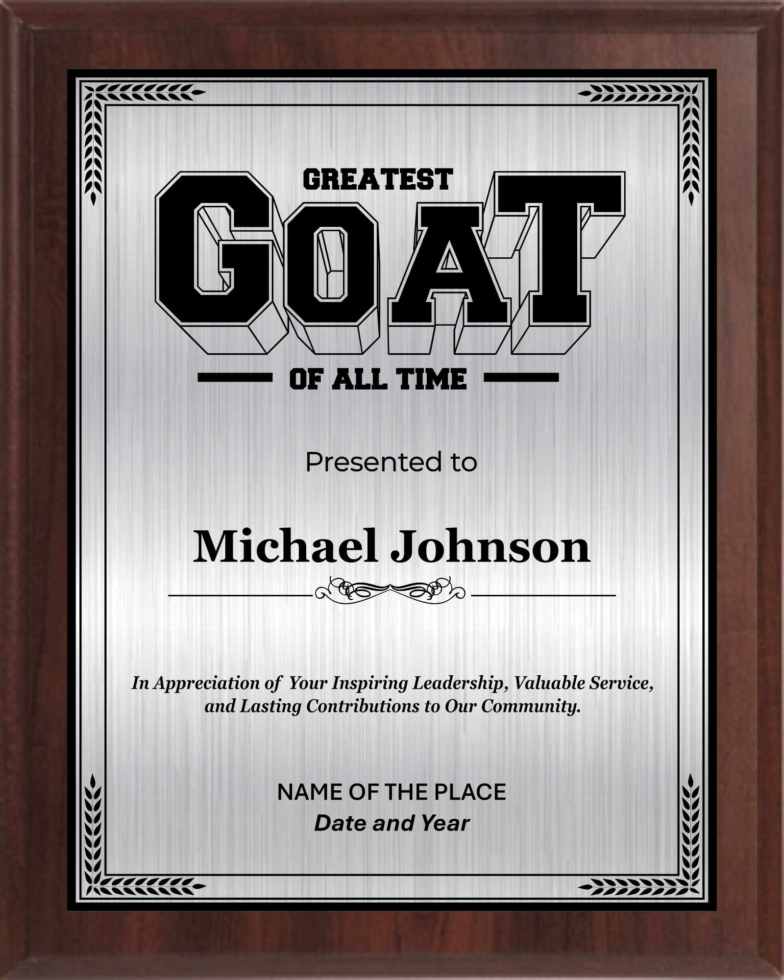 Goat Of All Time Trophy Plaque Award - Walnut / Cherry Trophy Plaque with Black on Gold/Silver/Bronze Metal Plate - Multiple Size