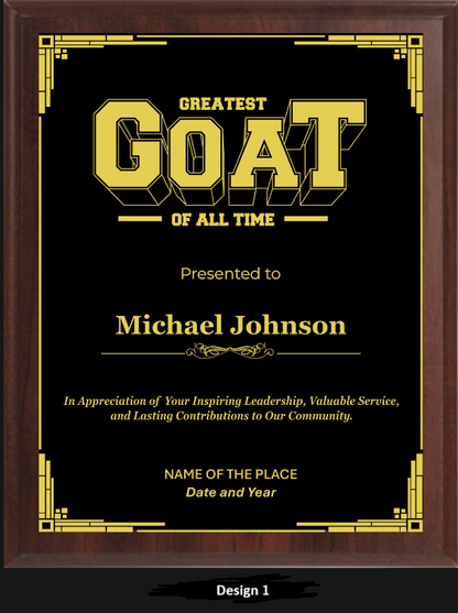 Goat Award Plaque - Walnut / Cherry Trophy Plaque with Gold / Silver Black Metal Plate - Multiple Sizes