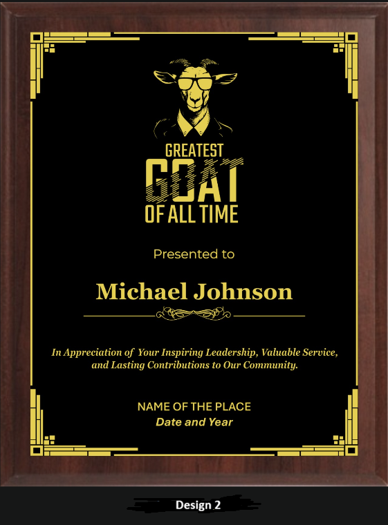 Goat Award Plaque - Walnut / Cherry Trophy Plaque with Gold / Silver Black Metal Plate - Multiple Sizes