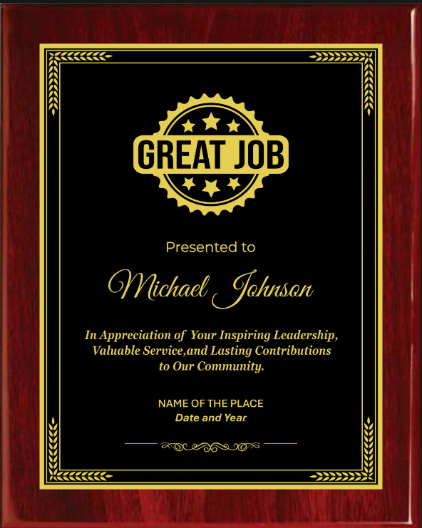 Great Job Award Plaque - Rosewood Plaque with Gold / Silver Black Metal Plate - Multiple Sizes