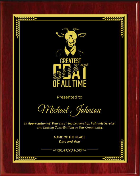 GOAT Award Plaque - Rosewood Plaque with Gold / Silver Black Metal Plate - Multiple Sizes