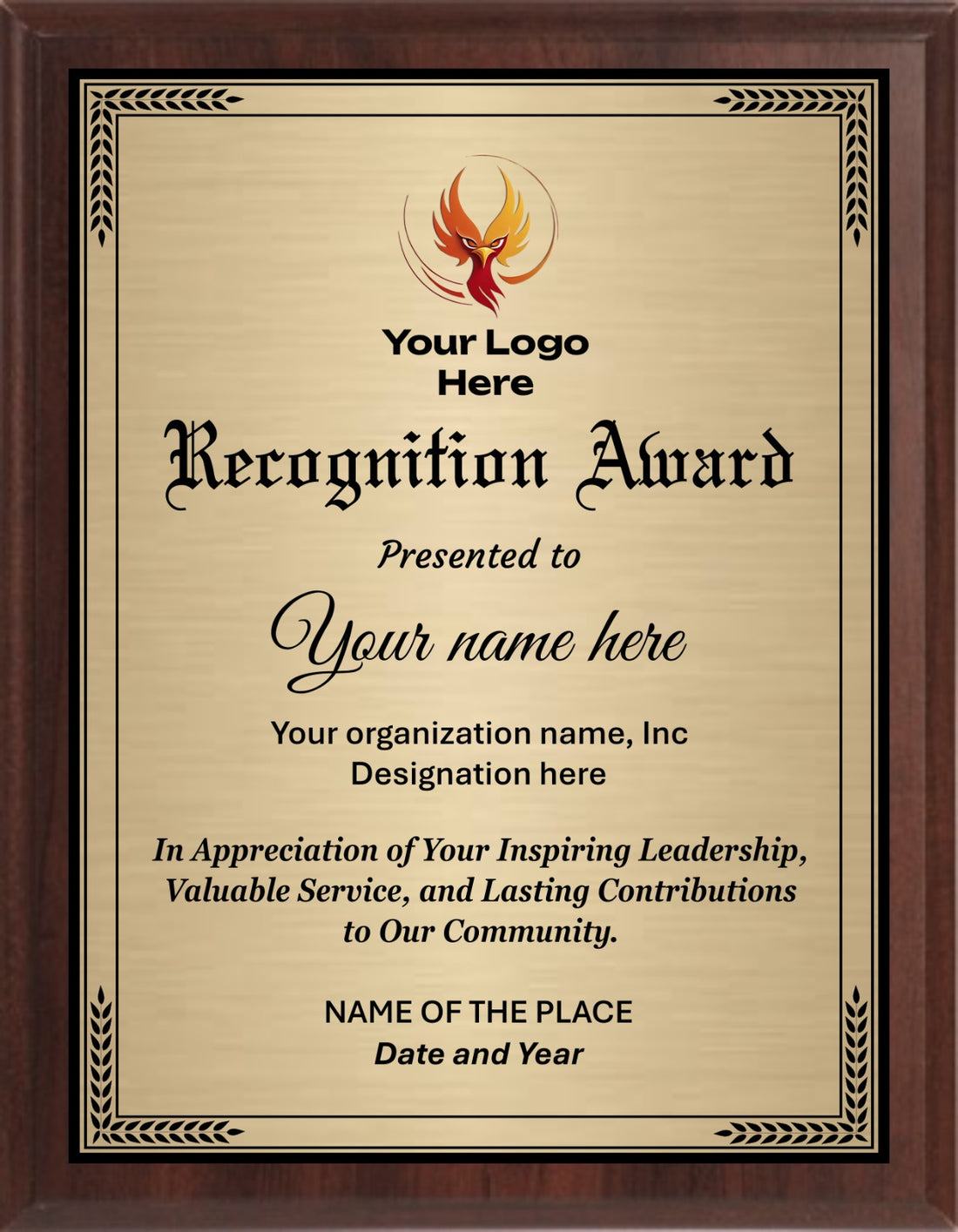 Recognition Trophy Plaque Award- Walnut / Cherry Trophy Plaque with Gold / Silver Black Metal Plate - Multiple Sizes