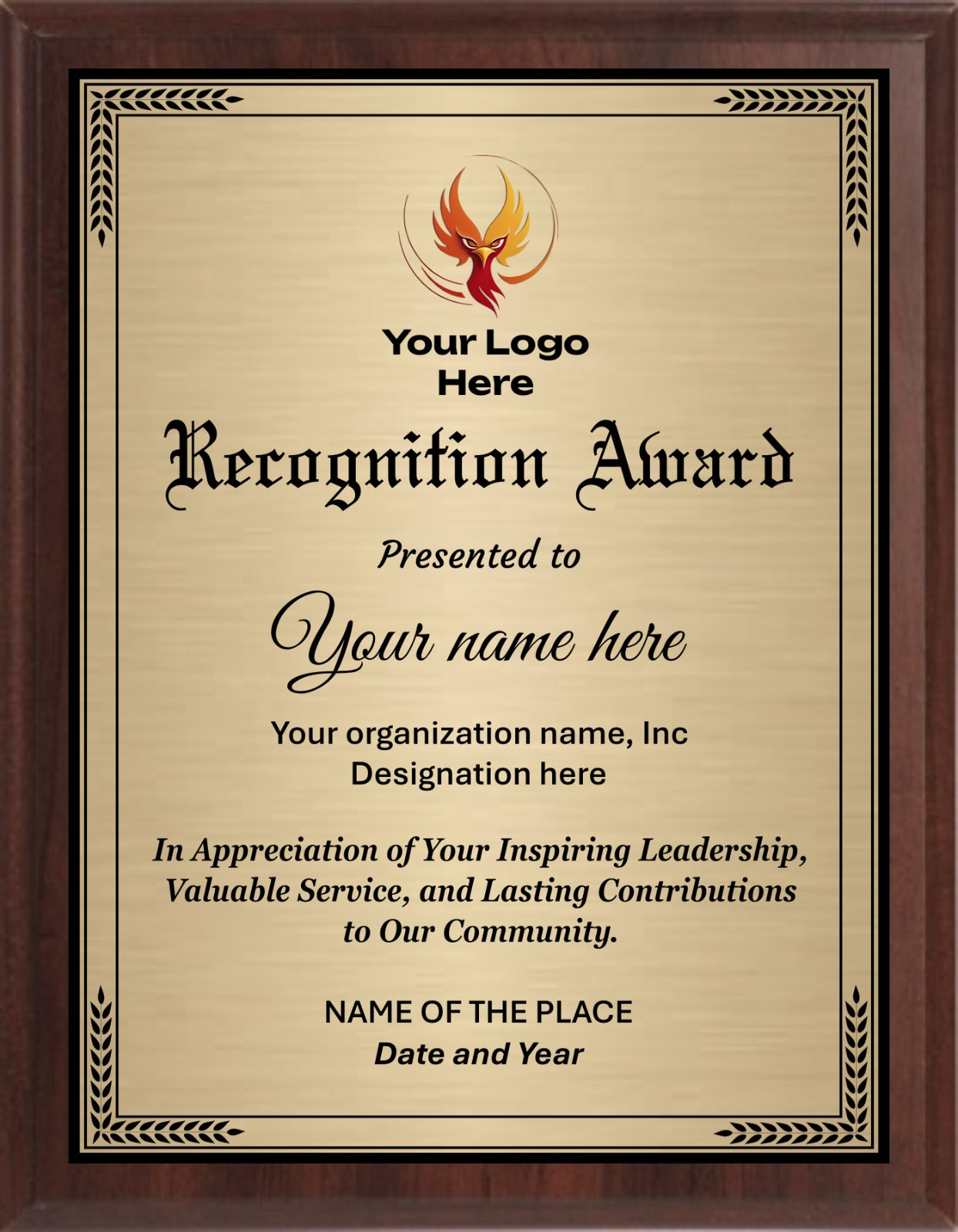 Recognition Trophy Plaque Award- Walnut / Cherry Trophy Plaque with Gold / Silver Black Metal Plate - Multiple Sizes