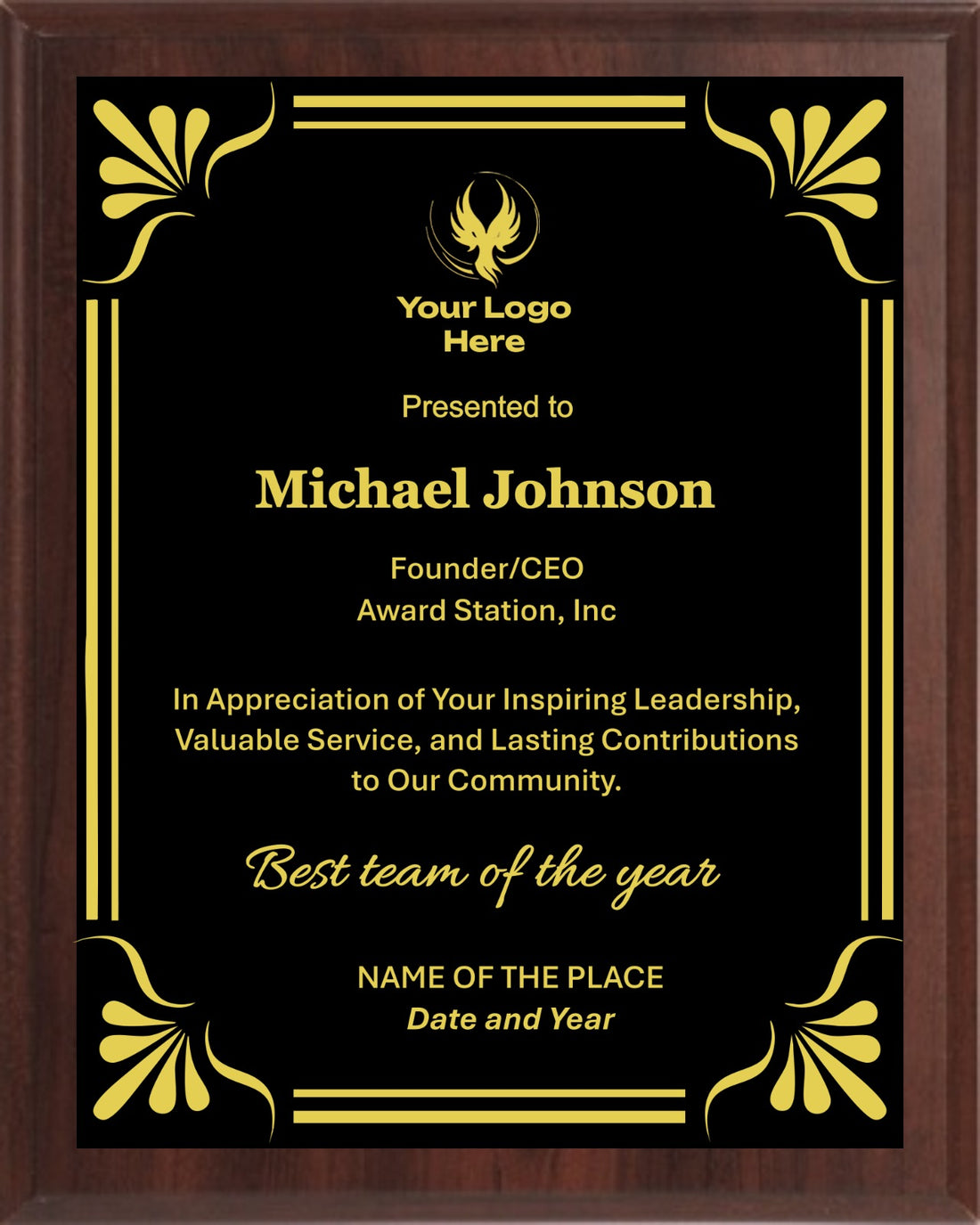 Best Team Of The Year Trophy Plaque Award/Cherry Trophy Plaque with Gold / Silver Black Metal Plate - Multiple Sizes