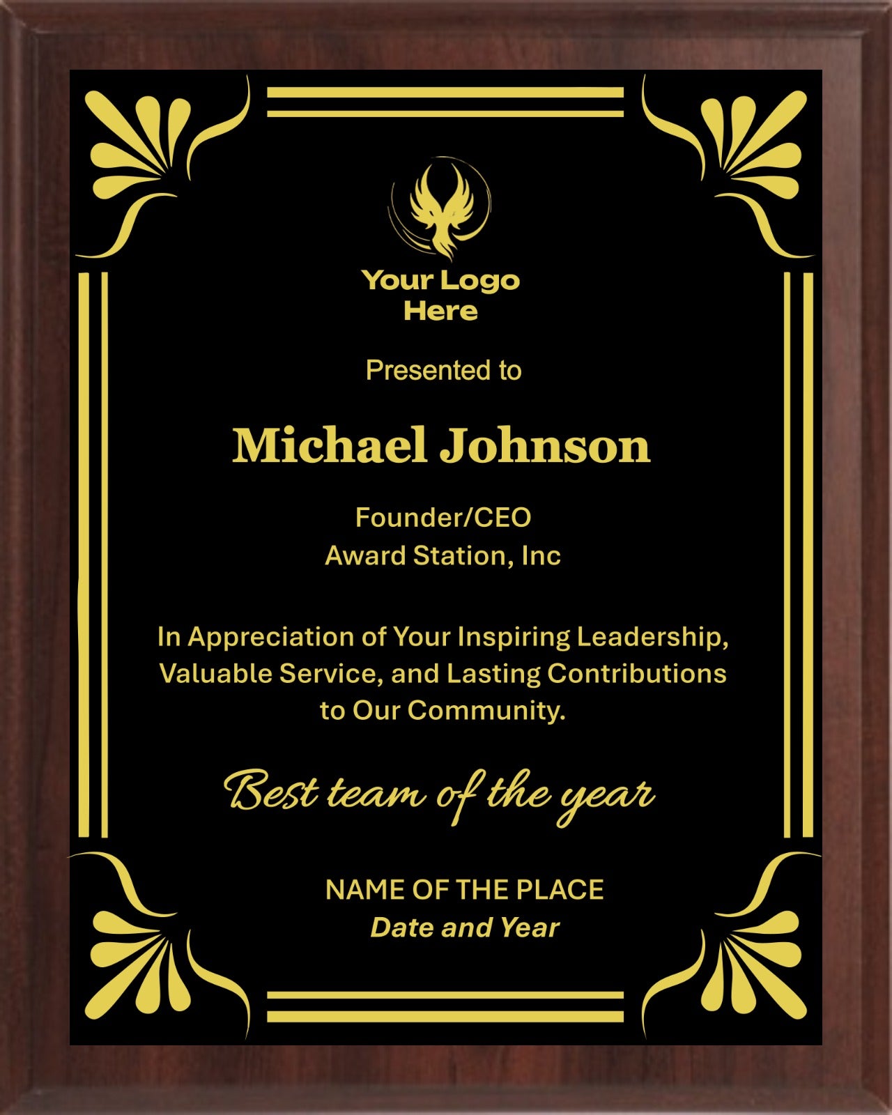 Best Team Of The Year Trophy Plaque Award/Cherry Trophy Plaque with Gold / Silver Black Metal Plate - Multiple Sizes
