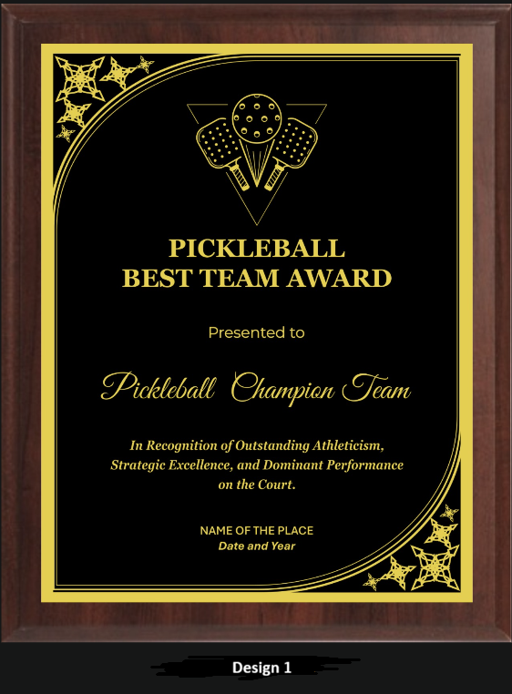 Pickleball Award Plaque - Walnut / Cherry Trophy Plaque with Gold / Silver Black Metal Plate - Multiple Sizes