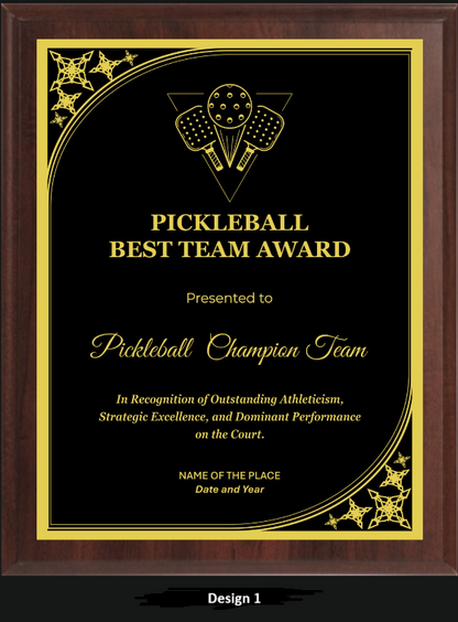 Pickleball Award Plaque - Walnut / Cherry Trophy Plaque with Gold / Silver Black Metal Plate - Multiple Sizes