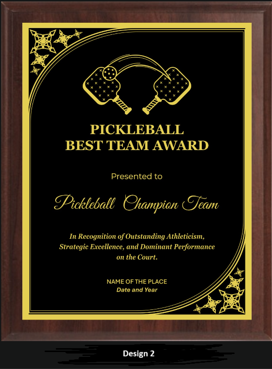 Pickleball Award Plaque - Walnut / Cherry Trophy Plaque with Gold / Silver Black Metal Plate - Multiple Sizes