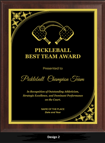 Pickleball Award Plaque - Walnut / Cherry Trophy Plaque with Gold / Silver Black Metal Plate - Multiple Sizes