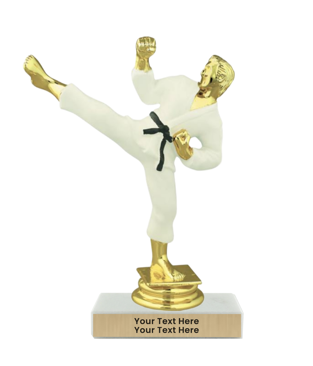 Black Belt High Kick Award Taekwondo Trophy with WHITE MARBLE BASE