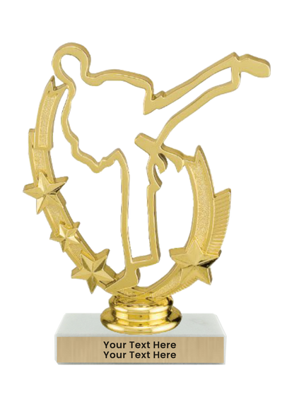 Three Star Backdrop Gold Insert Taekwondo Trophy with WHITE MARBLE BASE