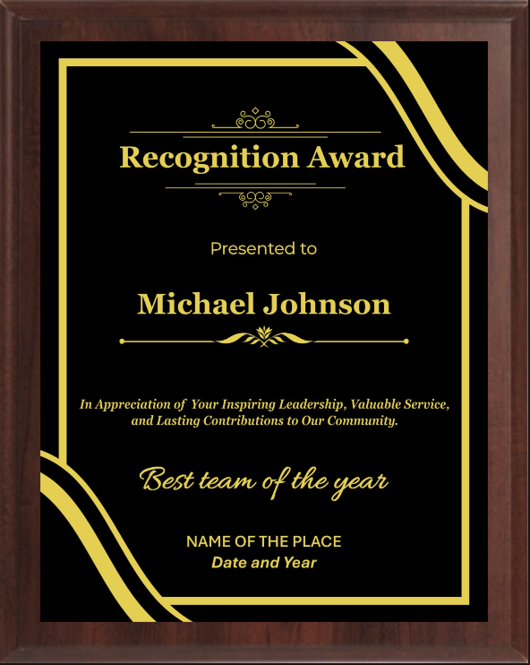 Elegant Black &amp; Gold Recognition Plaque - Walnut / Cherry Trophy Plaque with Gold / Silver Black Metal Plate - Multiple Sizes