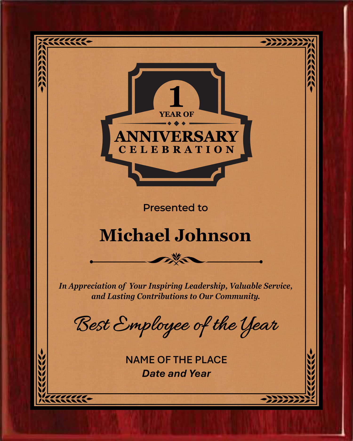 Anniversary Award Plaque - Rosewood Plaque with Gold/Silver/Bronze on Black Metal Plate - Multiple Sizes
