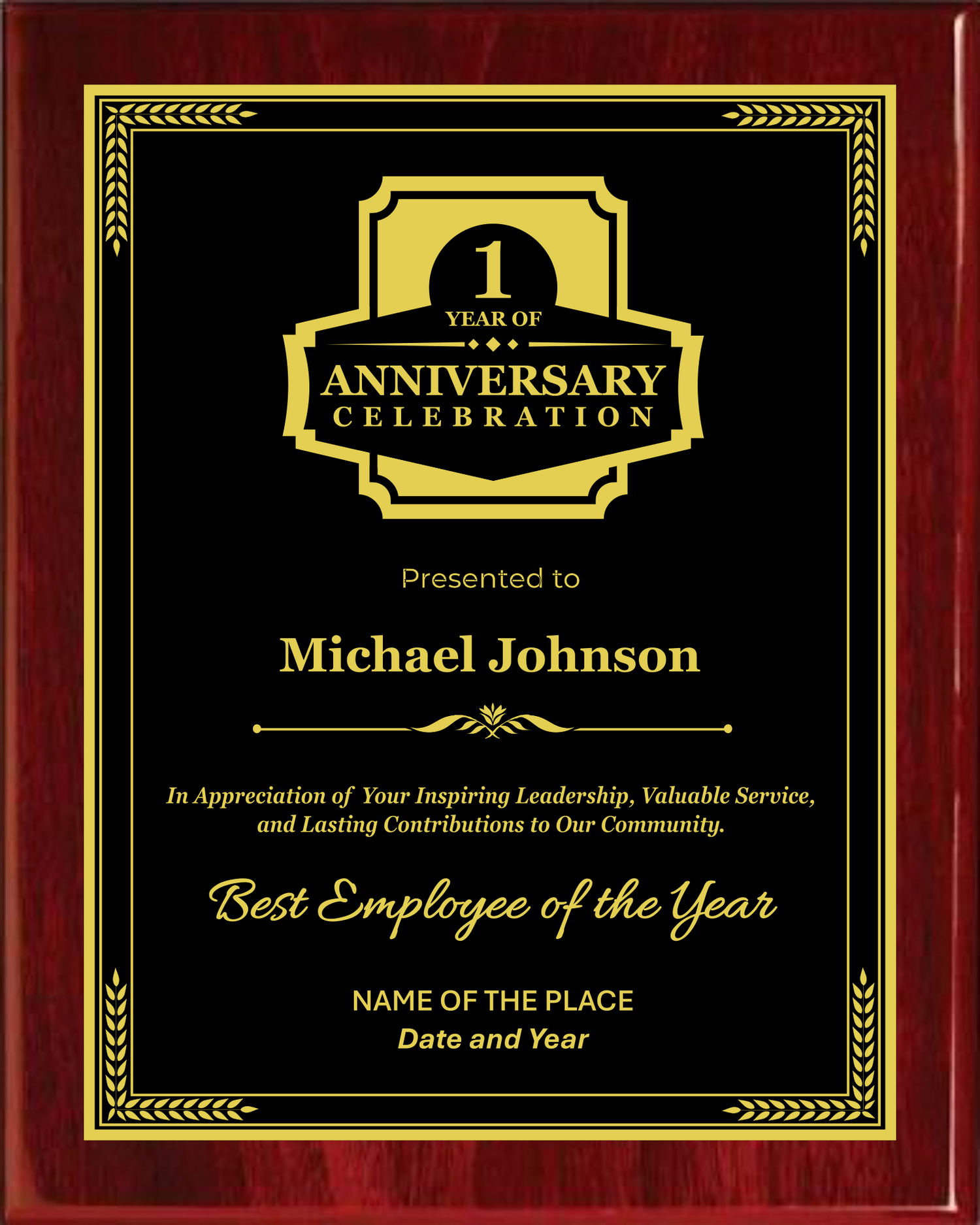 Anniversary Award Plaque - Rosewood Plaque with Gold/Silver/Bronze on Black Metal Plate - Multiple Sizes