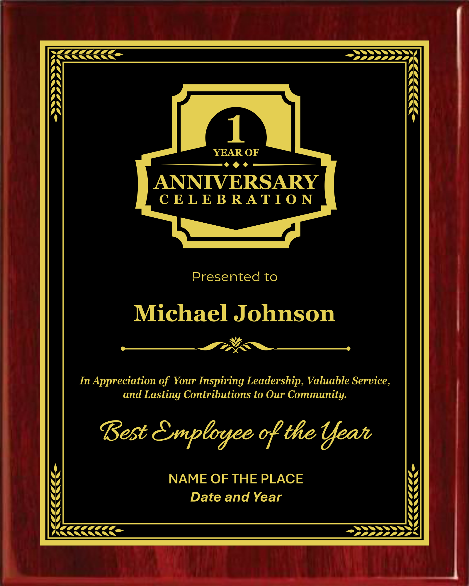 Anniversary Award Plaque - Rosewood Plaque with Gold/Silver/Bronze on Black Metal Plate - Multiple Sizes