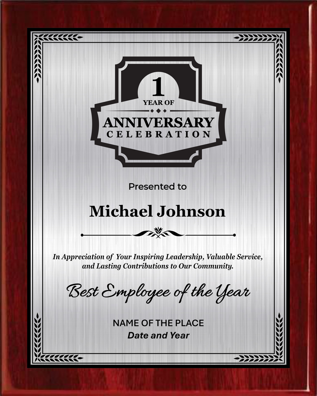 Anniversary Award Plaque - Rosewood Plaque with Gold/Silver/Bronze on Black Metal Plate - Multiple Sizes