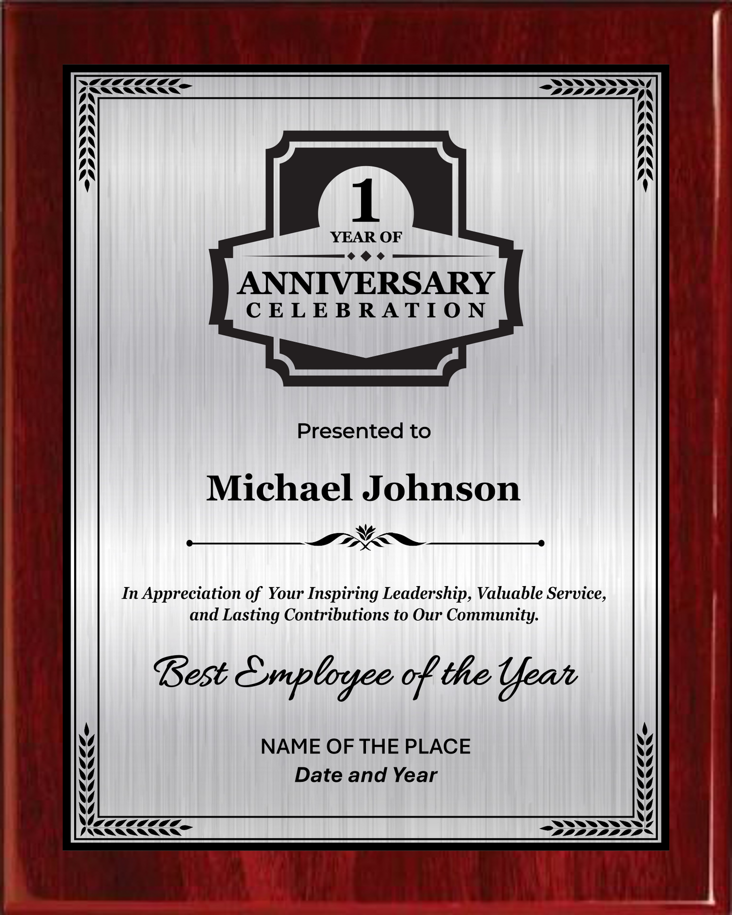 Anniversary Award Plaque - Rosewood Plaque with Gold/Silver/Bronze on Black Metal Plate - Multiple Sizes