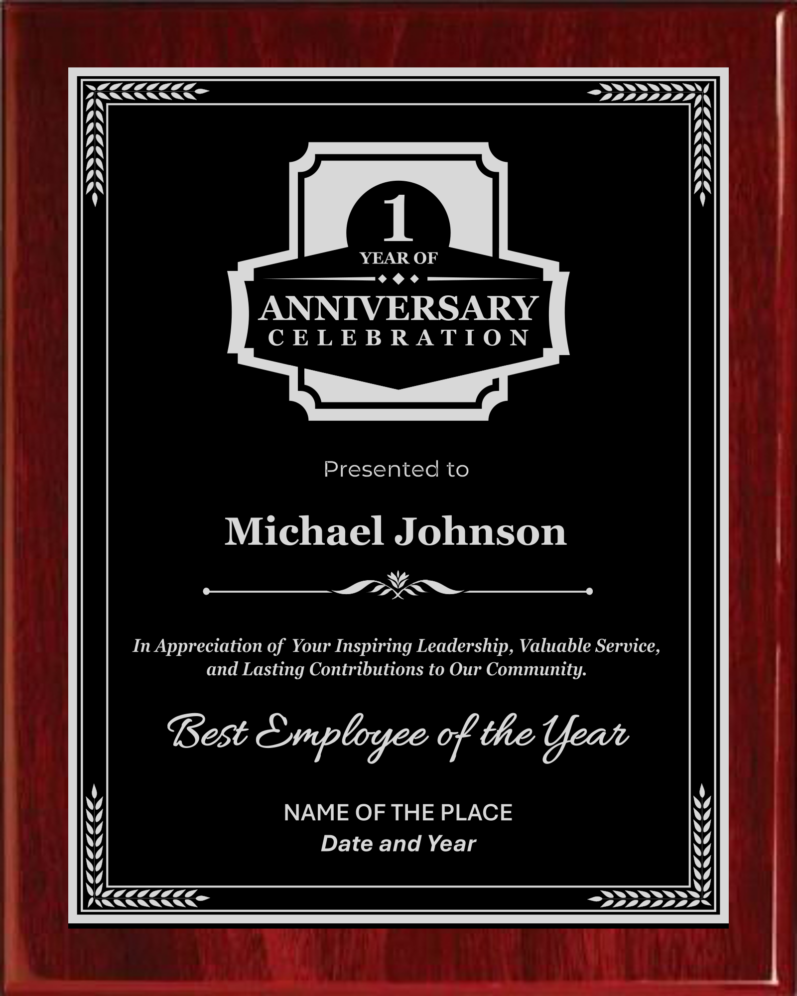 Anniversary Award Plaque - Rosewood Plaque with Gold/Silver/Bronze on Black Metal Plate - Multiple Sizes