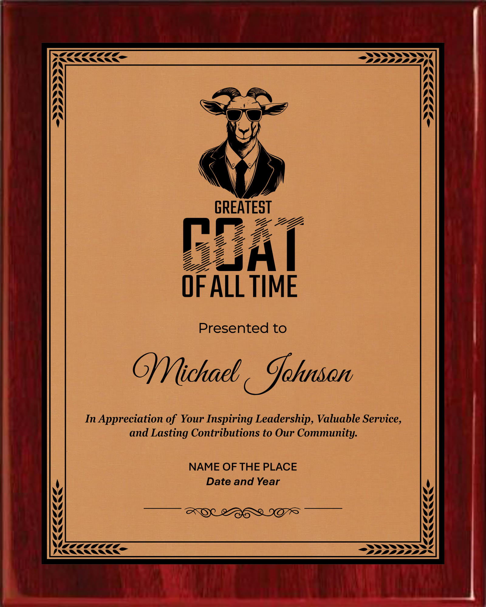 GOAT Award Plaque - Rosewood Plaque with Gold / Silver Black Metal Plate - Multiple Sizes