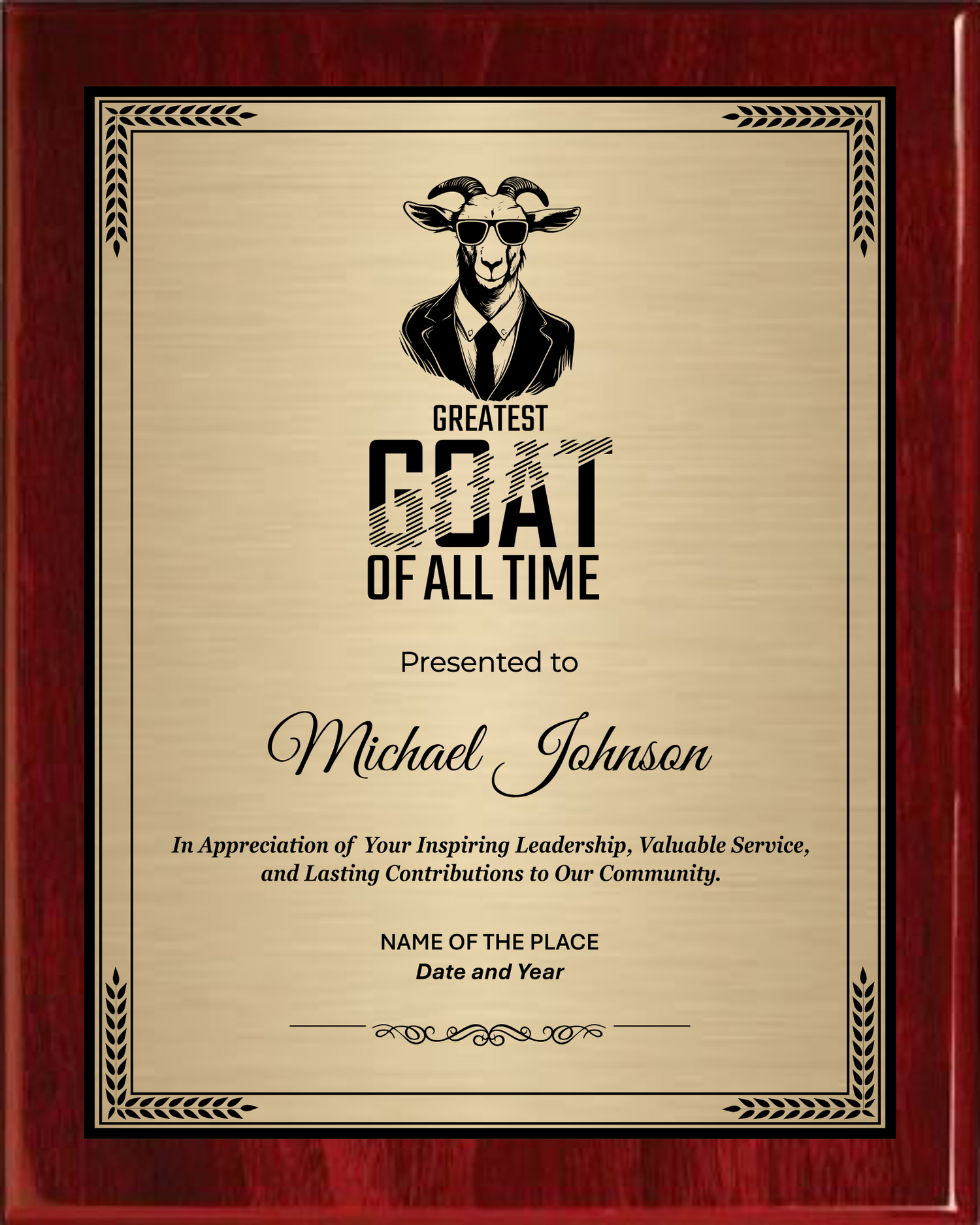 GOAT Award Plaque - Rosewood Plaque with Gold / Silver Black Metal Plate - Multiple Sizes