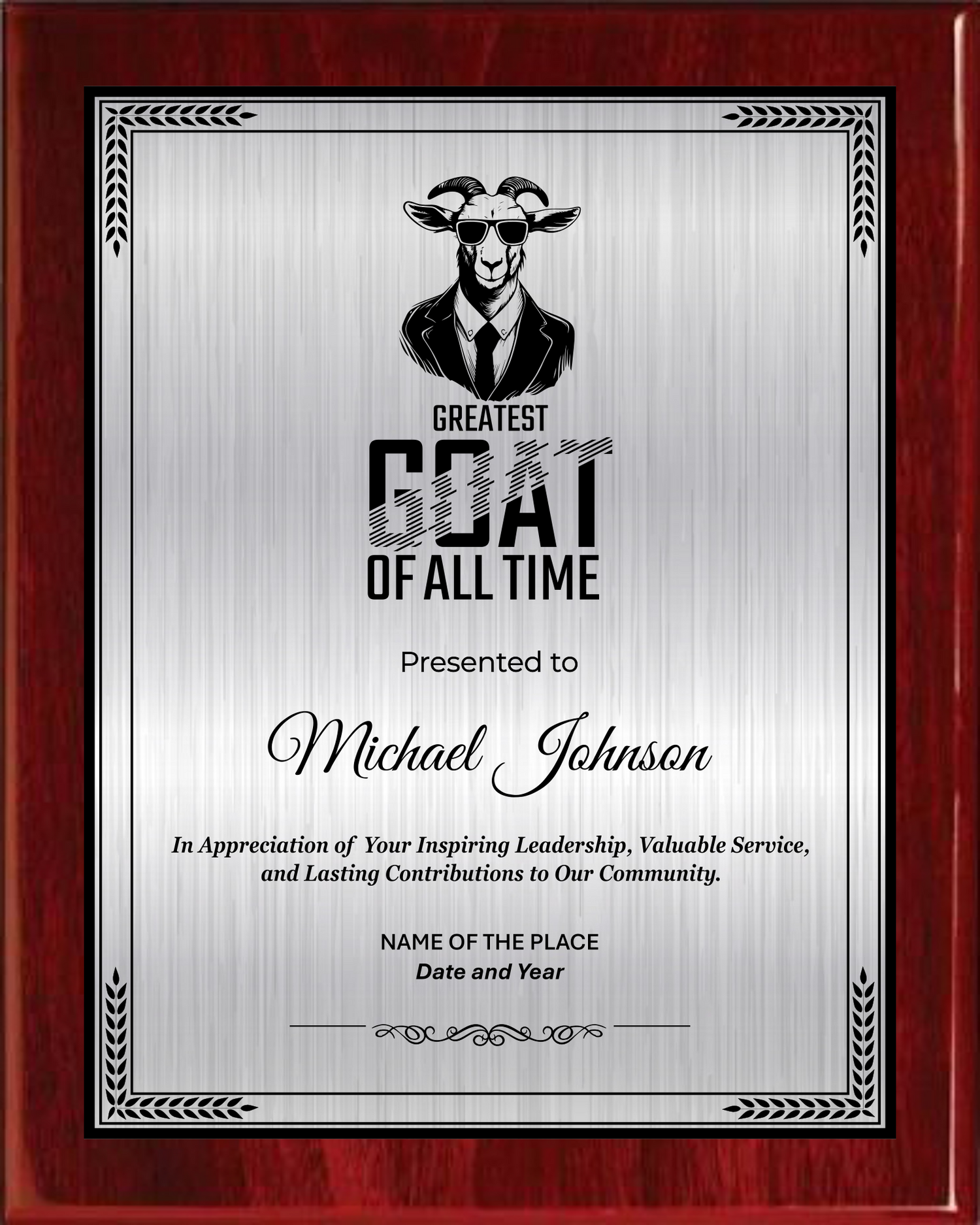 GOAT Award Plaque - Rosewood Plaque with Gold / Silver Black Metal Plate - Multiple Sizes
