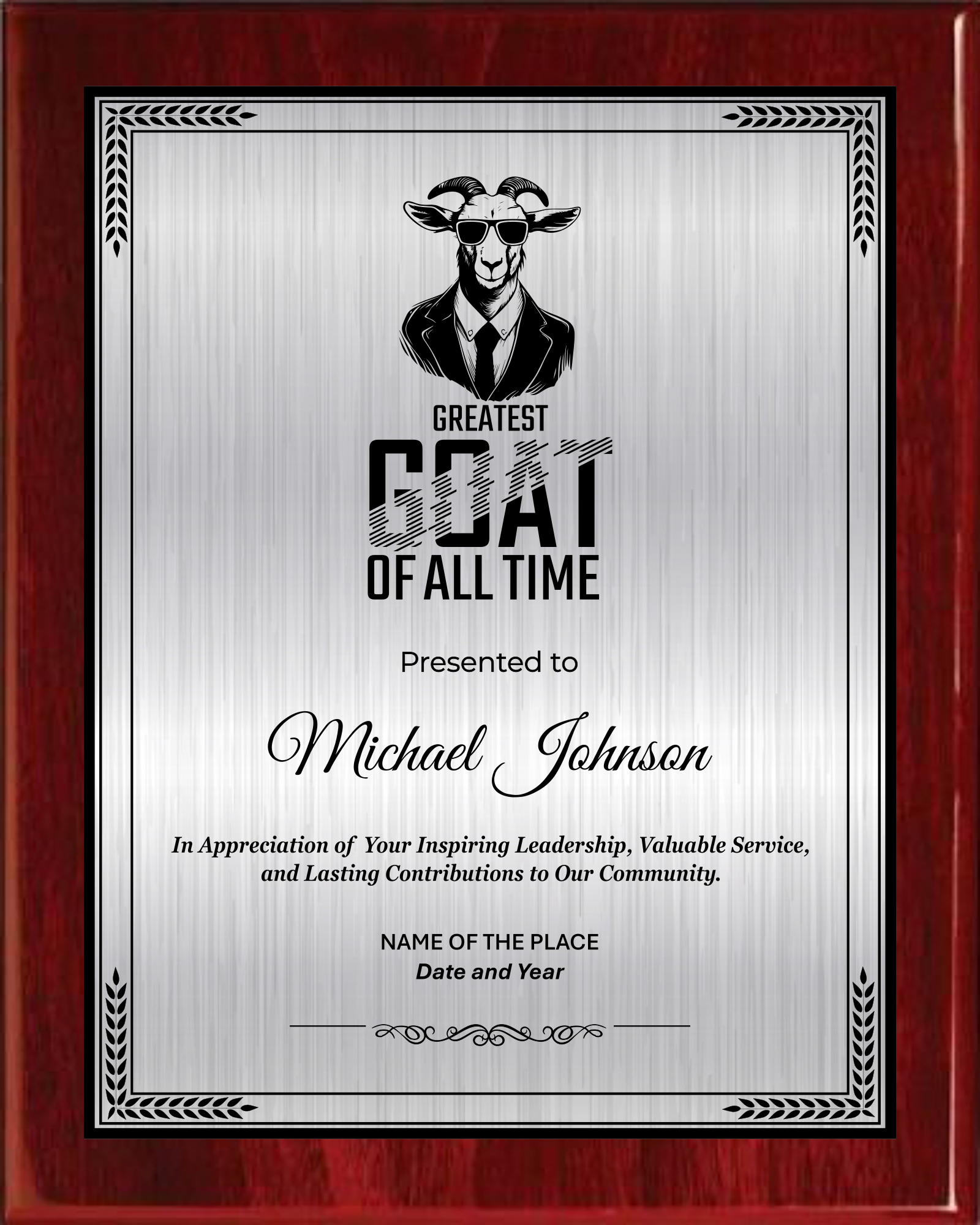 GOAT Award Plaque - Rosewood Plaque with Gold / Silver Black Metal Plate - Multiple Sizes