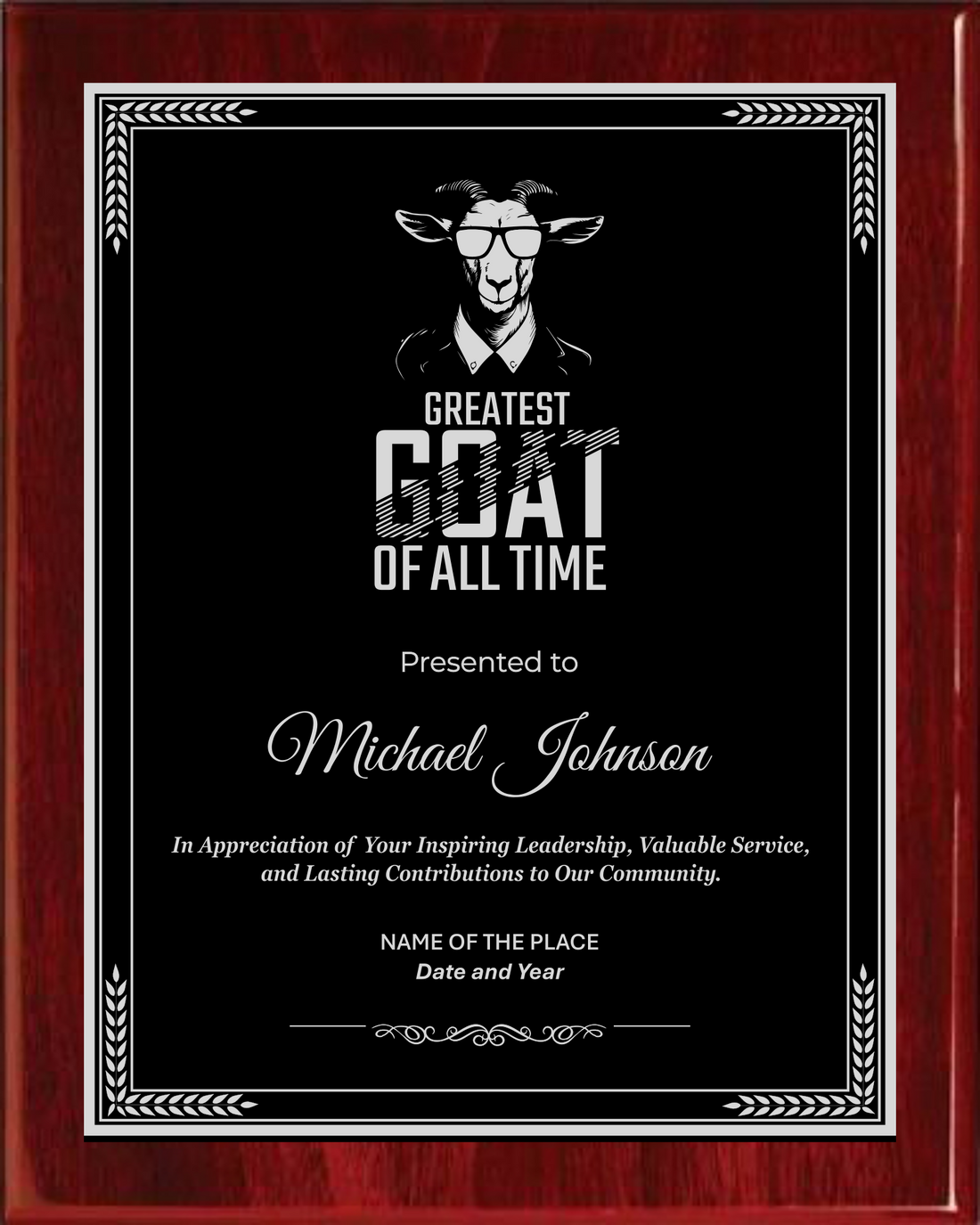 GOAT Award Plaque - Rosewood Plaque with Gold / Silver Black Metal Plate - Multiple Sizes