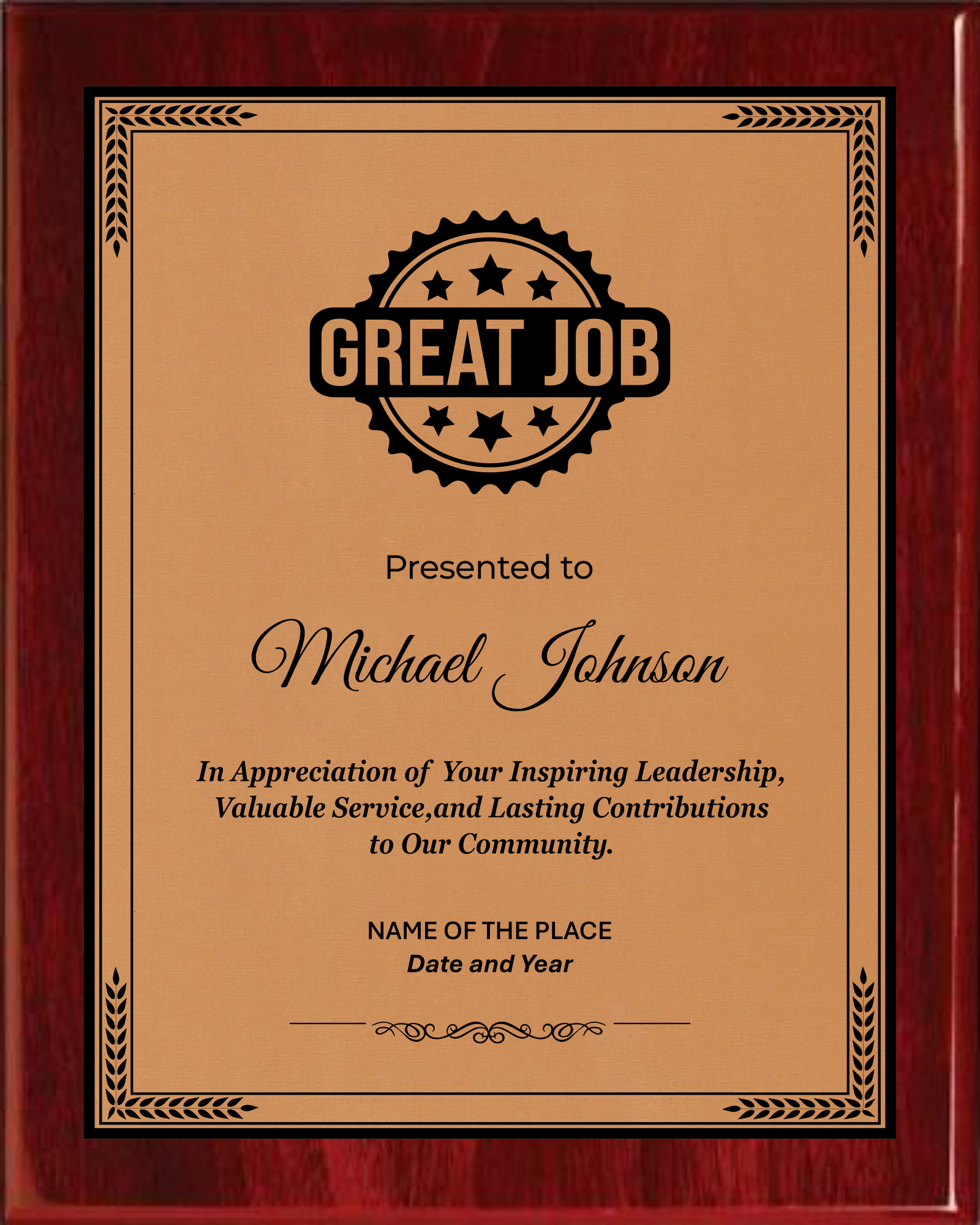 Great Job Award Plaque - Rosewood Plaque with Gold / Silver Black Metal Plate - Multiple Sizes