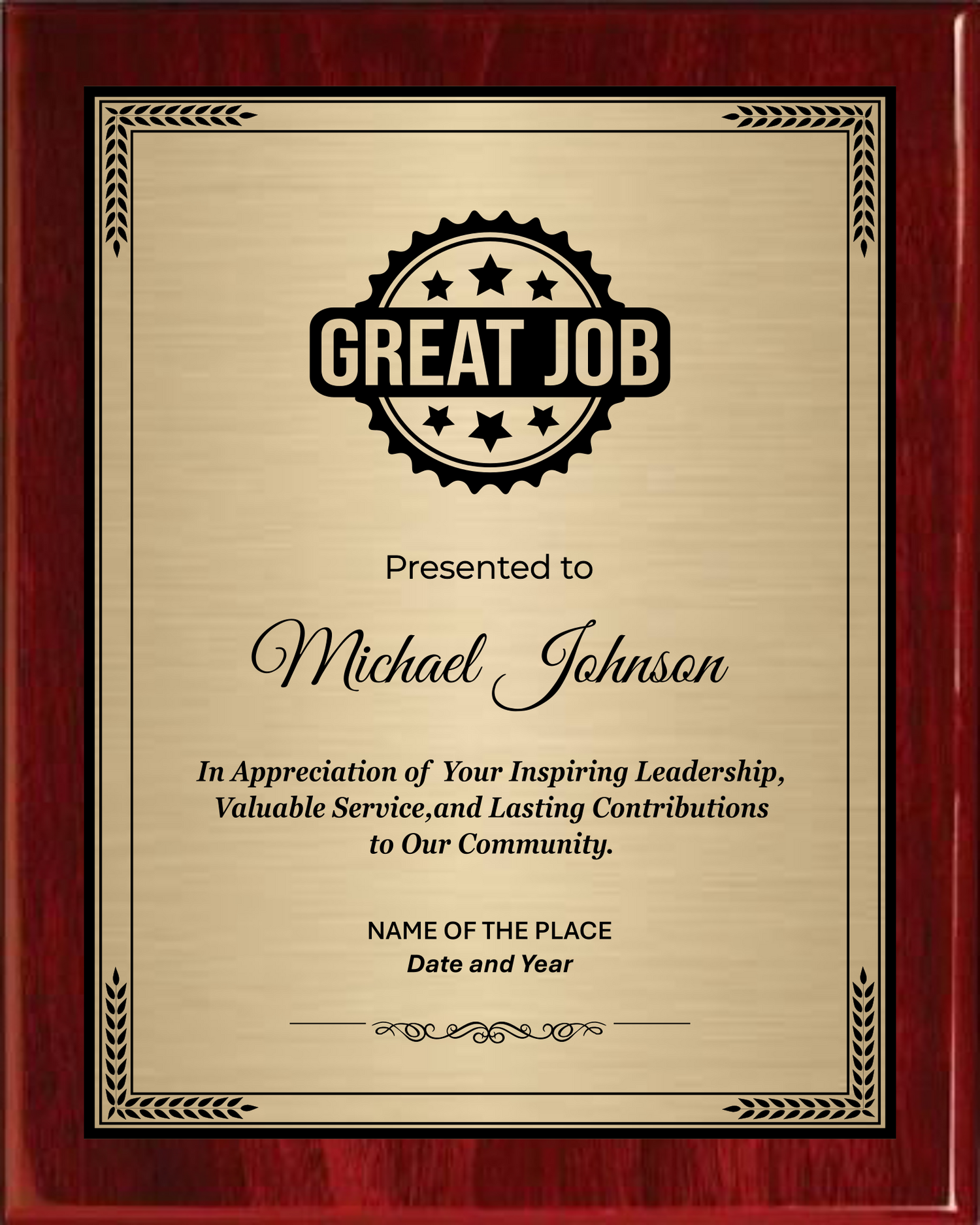 Great Job Award Plaque - Rosewood Plaque with Gold / Silver Black Metal Plate - Multiple Sizes