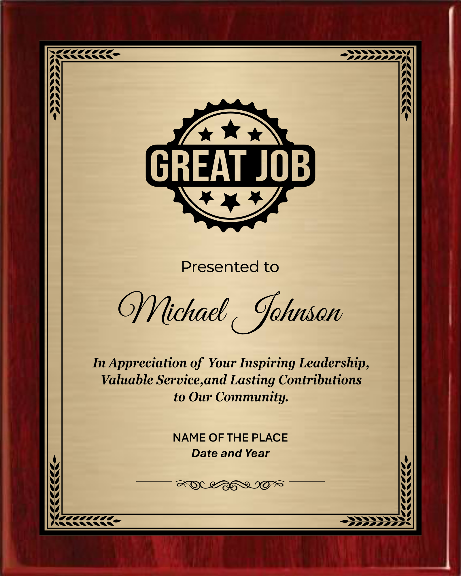 Great Job Award Plaque - Rosewood Plaque with Gold / Silver Black Metal Plate - Multiple Sizes
