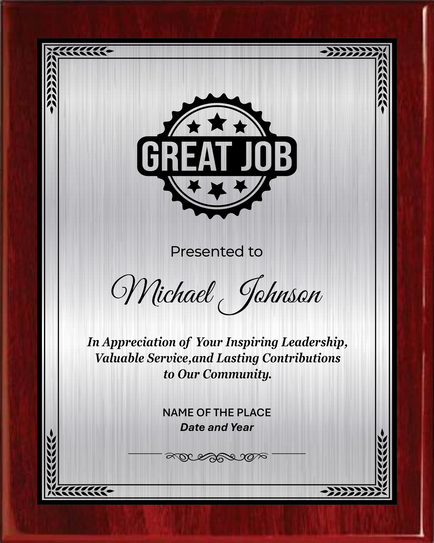 Great Job Award Plaque - Rosewood Plaque with Gold / Silver Black Metal Plate - Multiple Sizes