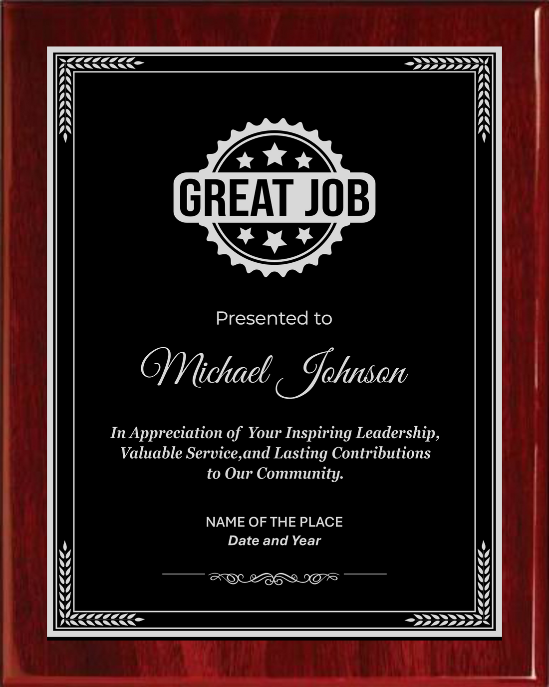 Great Job Award Plaque - Rosewood Plaque with Gold / Silver Black Metal Plate - Multiple Sizes