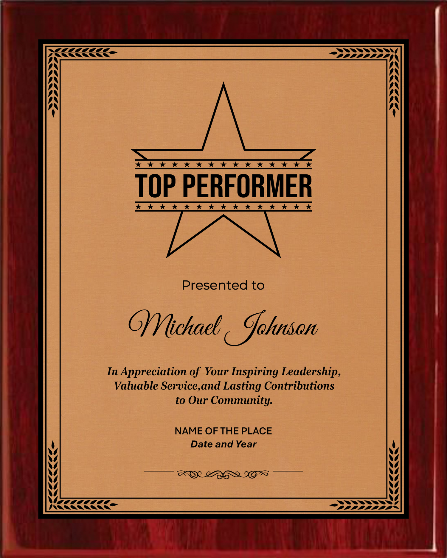 Best Performer Award Plaque - Rosewood Plaque with Gold / Silver Black Metal Plate - Multiple Sizes