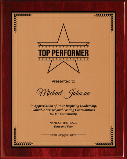 Best Performer Award Plaque - Rosewood Plaque with Gold / Silver Black Metal Plate - Multiple Sizes