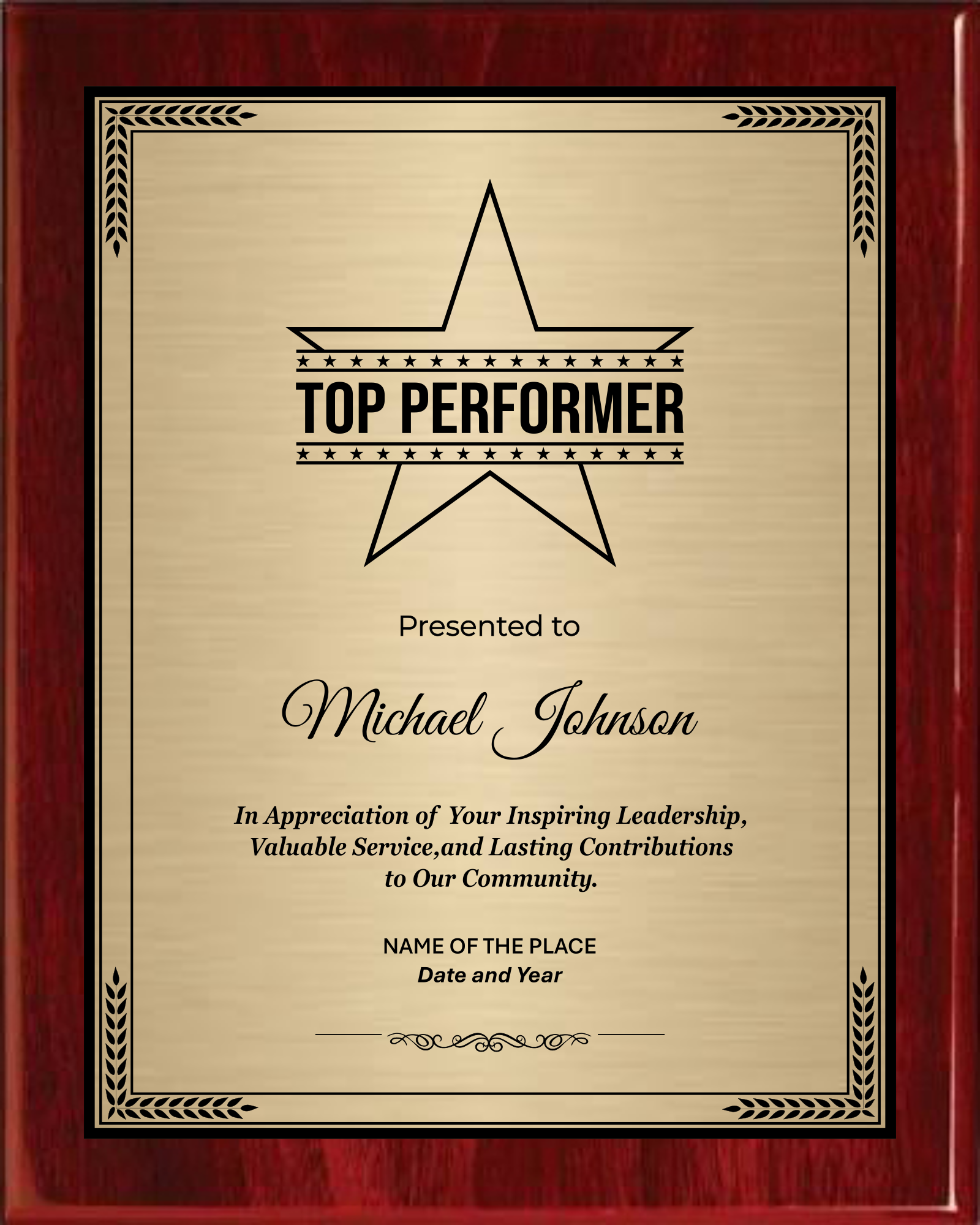 Best Performer Award Plaque - Rosewood Plaque with Gold / Silver Black Metal Plate - Multiple Sizes