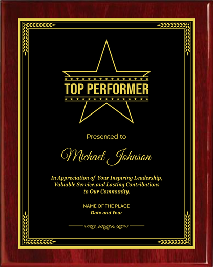 Best Performer Award Plaque - Rosewood Plaque with Gold / Silver Black Metal Plate - Multiple Sizes