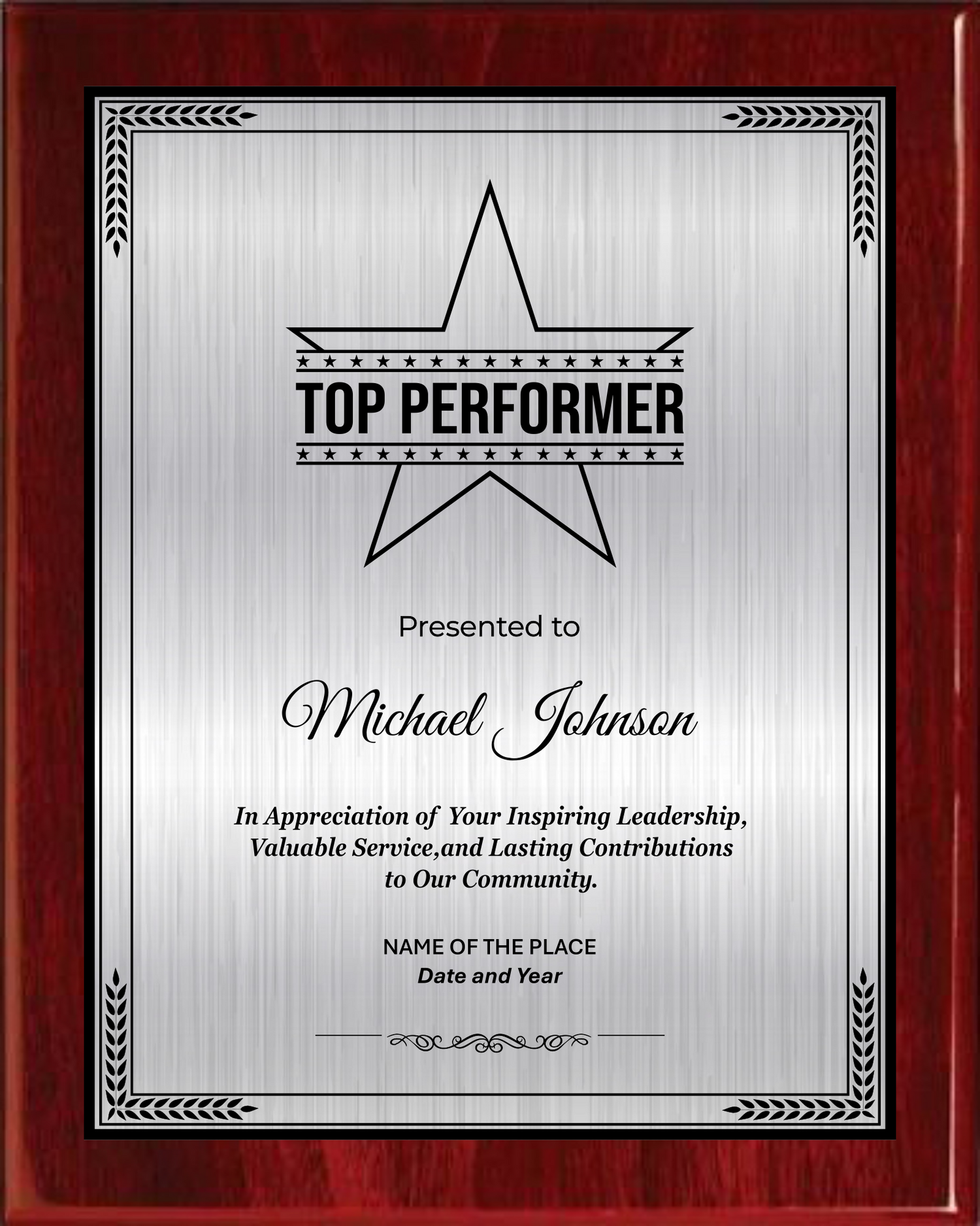 Best Performer Award Plaque - Rosewood Plaque with Gold / Silver Black Metal Plate - Multiple Sizes