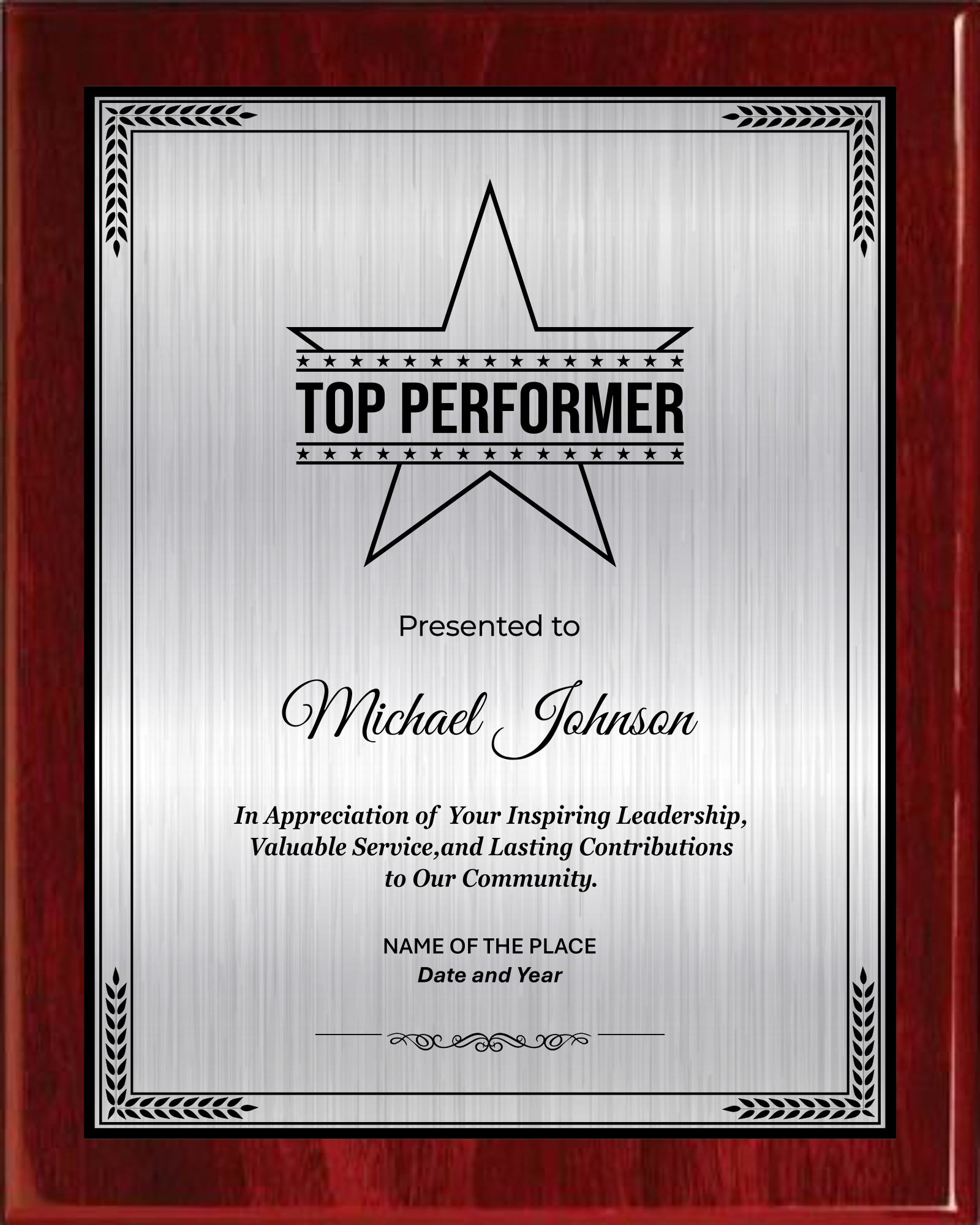 Best Performer Award Plaque - Rosewood Plaque with Gold / Silver Black Metal Plate - Multiple Sizes