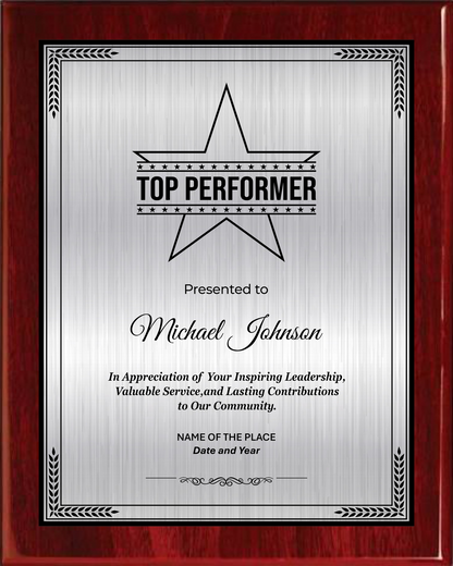 Best Performer Award Plaque - Rosewood Plaque with Gold / Silver Black Metal Plate - Multiple Sizes
