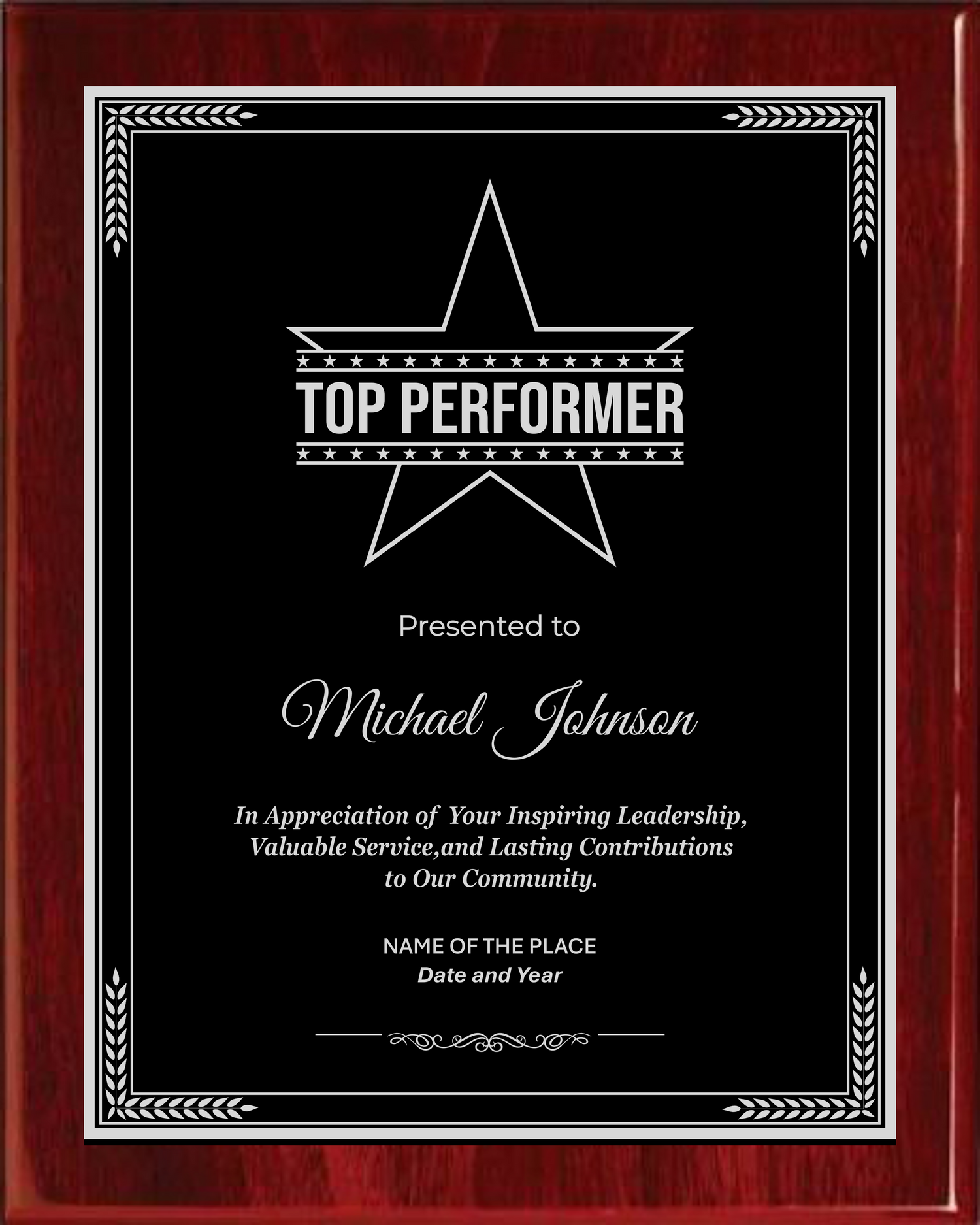 Best Performer Award Plaque - Rosewood Plaque with Gold / Silver Black Metal Plate - Multiple Sizes