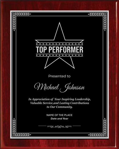 Best Performer Award Plaque - Rosewood Plaque with Gold / Silver Black Metal Plate - Multiple Sizes