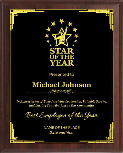Star Of the Year Plaque - Walnut / Cherry Trophy Plaque with Gold / Silver Black Metal Plate - Multiple Sizes