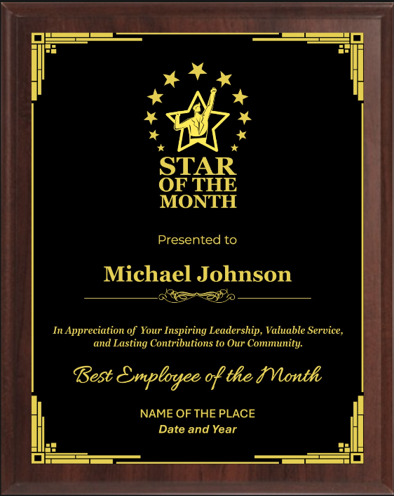 Star Of the Month Plaque - Walnut / Cherry Trophy Plaque with Gold / Silver Black Metal Plate - Multiple Sizes