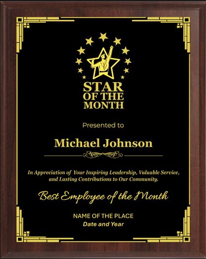 Star Of the Month Plaque - Walnut / Cherry Trophy Plaque with Gold / Silver Black Metal Plate - Multiple Sizes