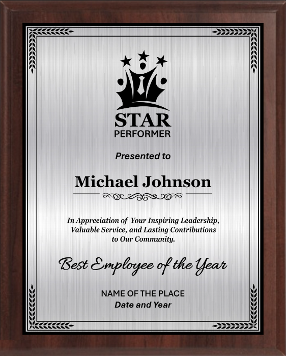 Star Performer Trophy Plaque Award - Walnut / Cherry Trophy Plaque with Black Silver Metal Plate - Multiple Size