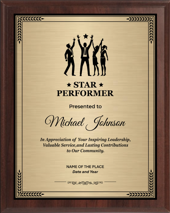 Star Performer Trophy Plaque Award - Walnut / Cherry Trophy Plaque with Silver Black Metal Plate - Multiple Size