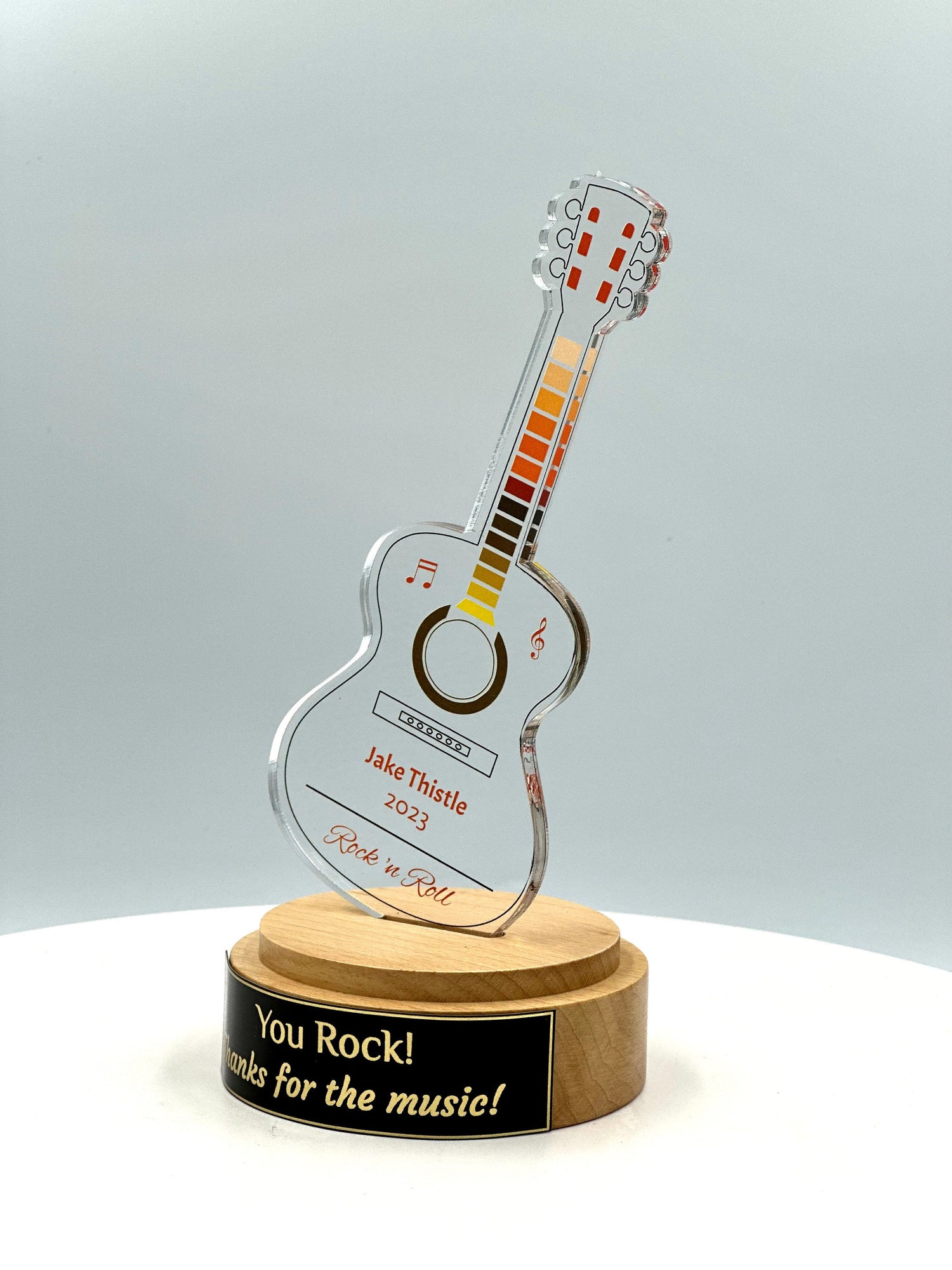 Guitar Acrylic Trophy with Solid Round Wood Base / Music Award / Guitarist Trophy / Artist Award - Acrylic Color Prints - Free Customization
