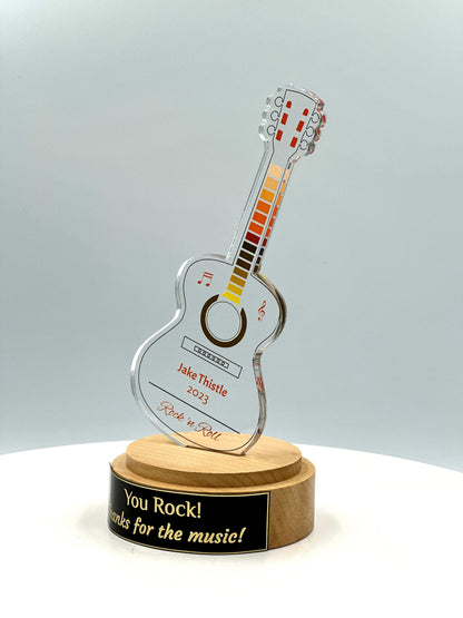 Guitar Acrylic Trophy with Solid Round Wood Base / Music Award / Guitarist Trophy / Artist Award - Acrylic Color Prints - Free Customization