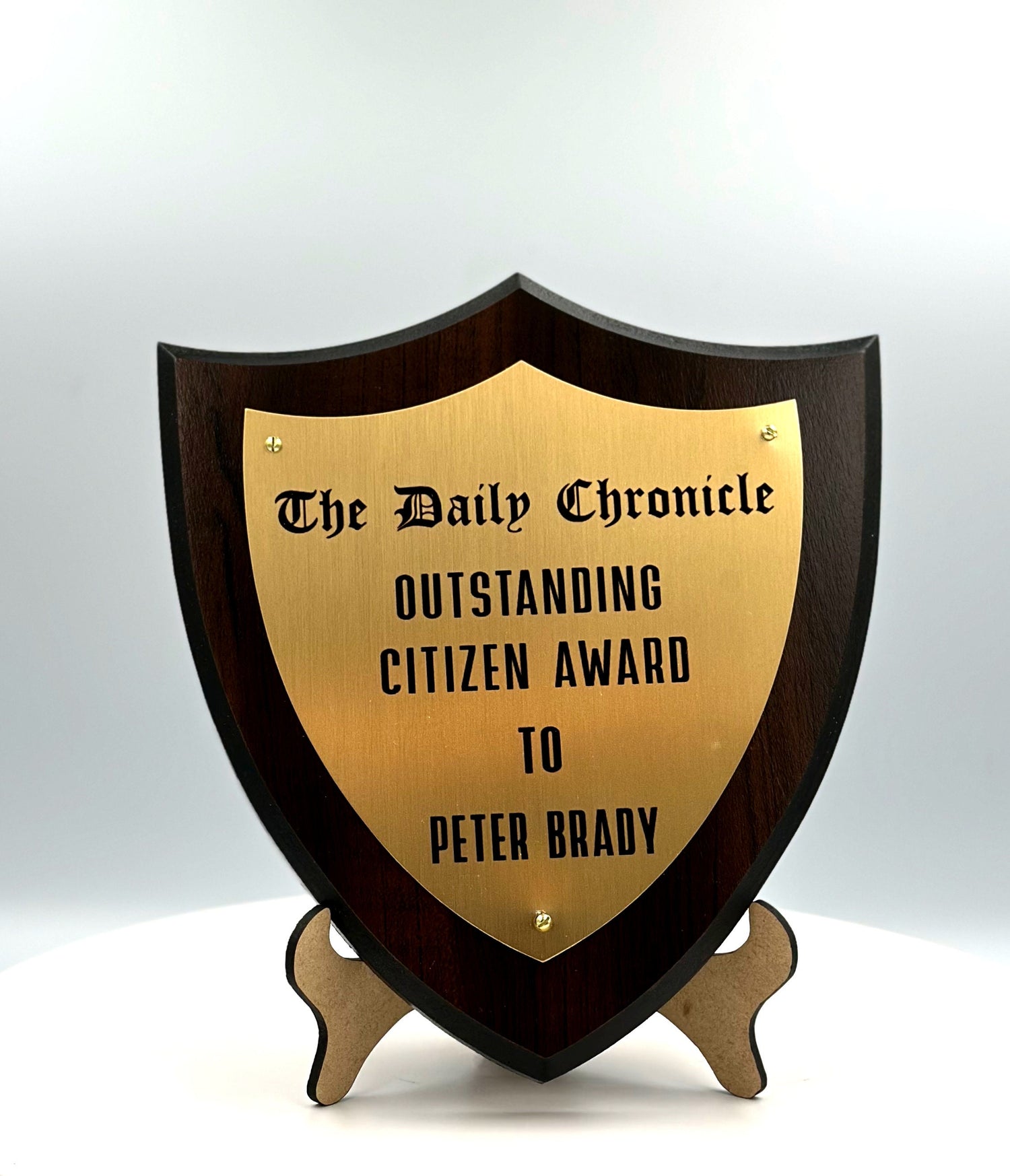 Shield Trophy Plaque Award - Walnut / Cherry Trophy Plaque with Gold / Silver on Black Metal Plate - Multiple Sizes