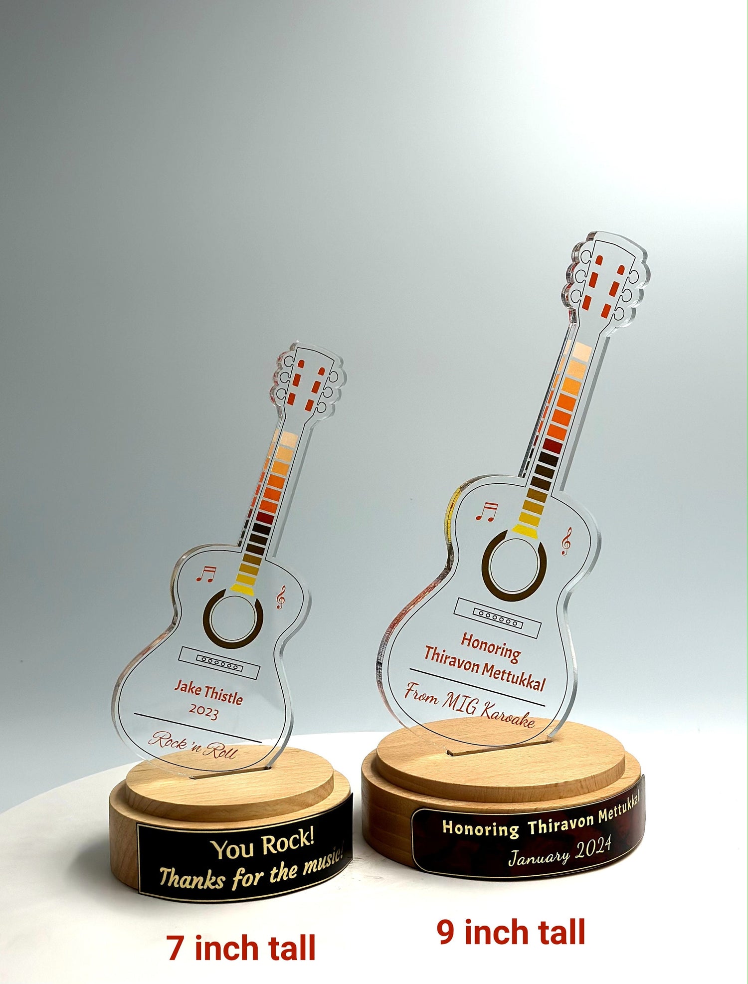 Guitar Acrylic Trophy with Solid Round Wood Base / Music Award / Guitarist Trophy / Artist Award - Acrylic Color Prints - Free Customization